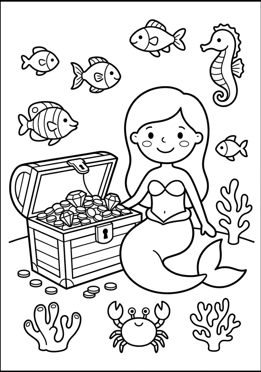 Exemple de coloriage sirènes et trésors marins à imprimer