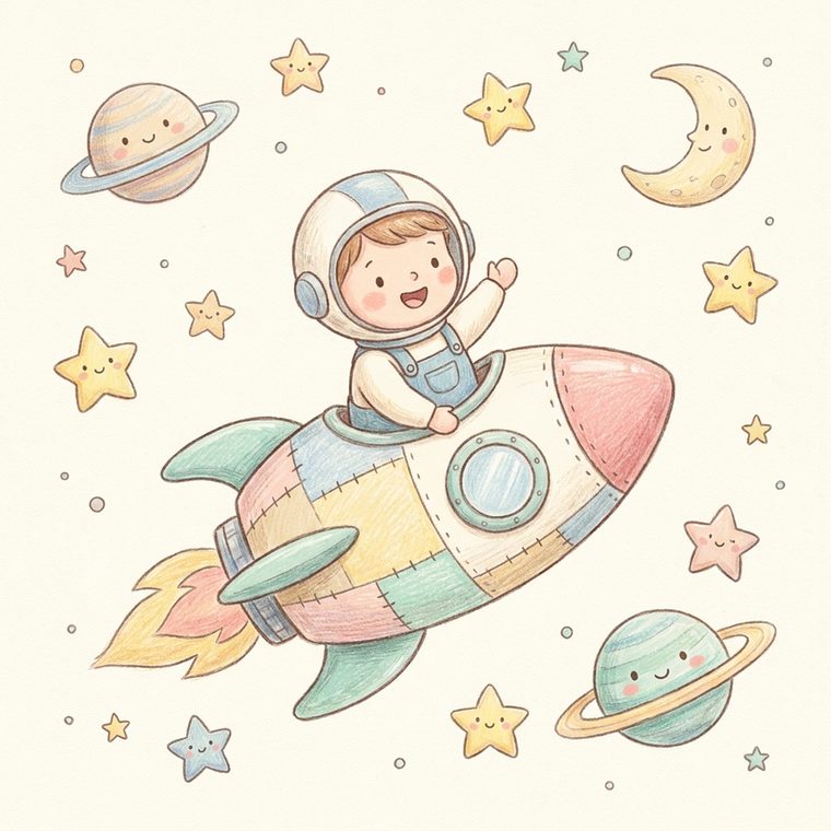 Illustration d'histoire pour enfant, voyage dans l'espace