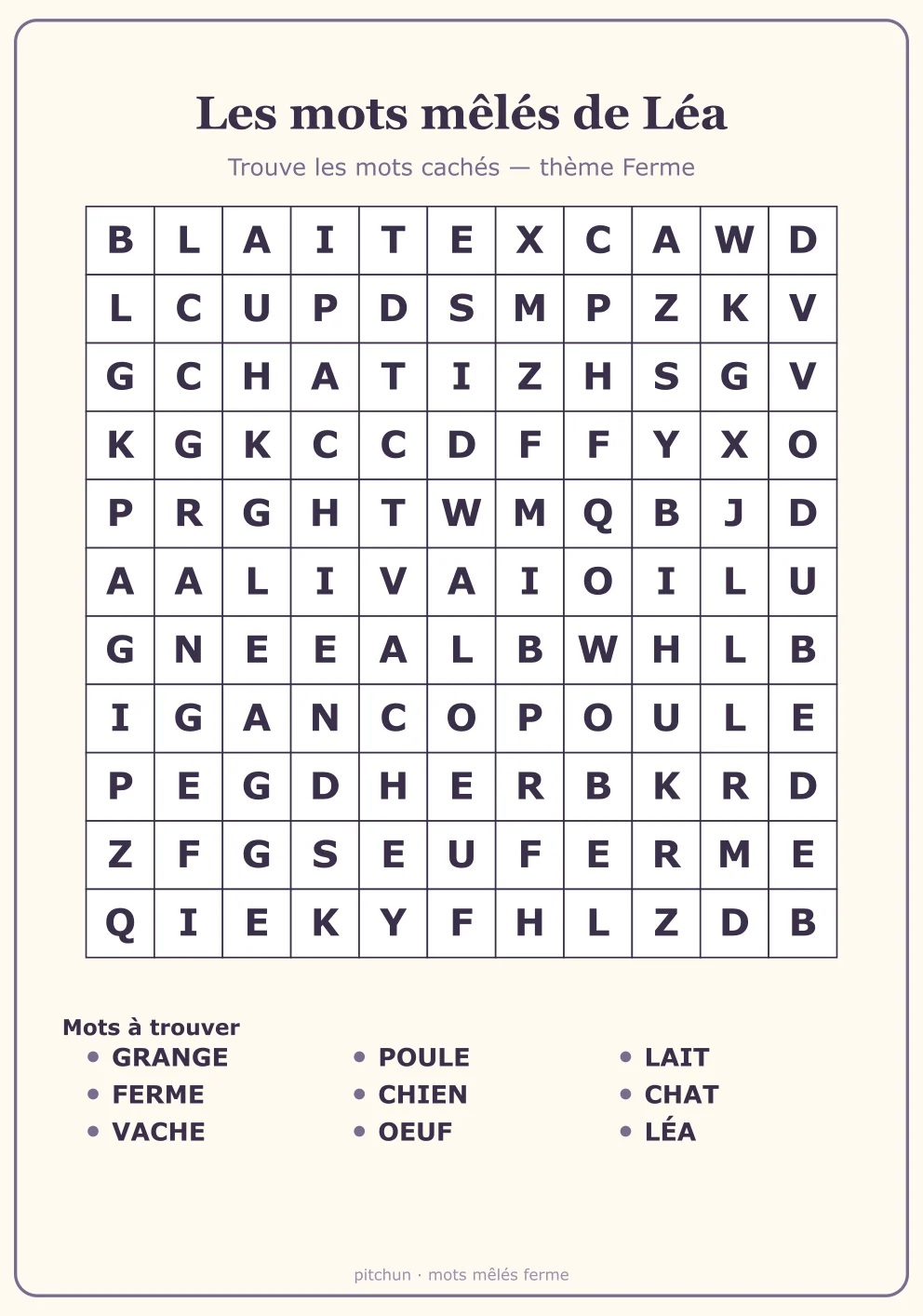 Mots mêlés Ferme
